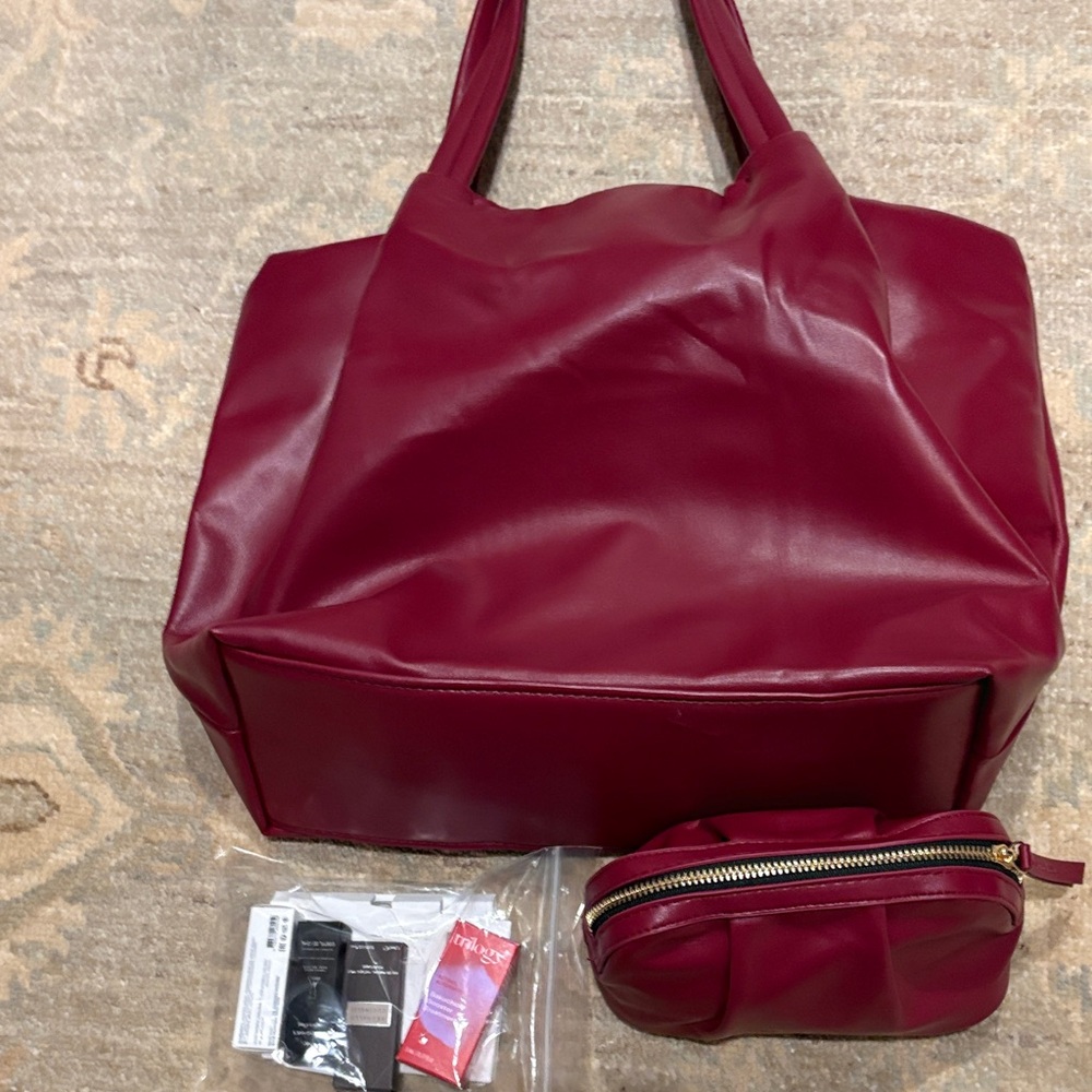 Neiman Marcus Deep Red Tote Bag Set with samples.